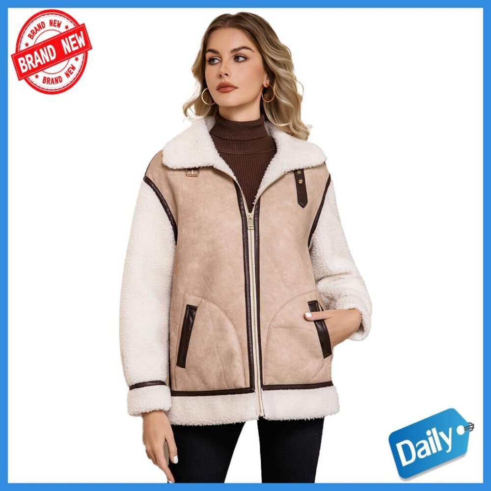 Faux Leather Moto Jacket with Patchwork Fur Lining, Loose Fit, Zip Front